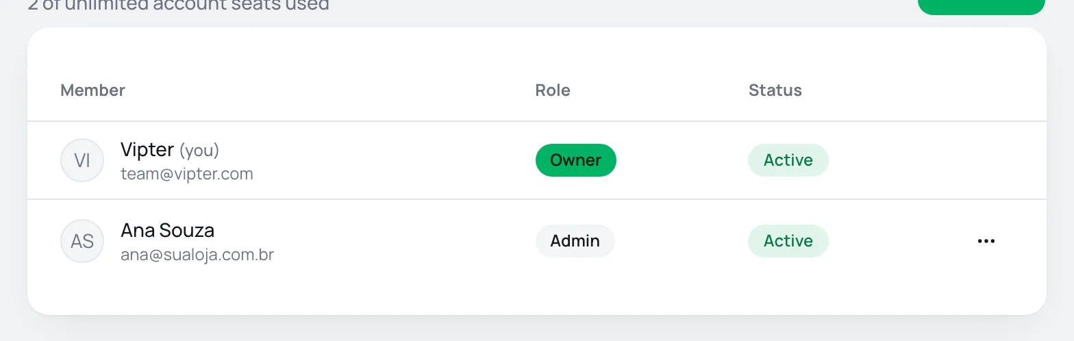 Team table with the owner and an admin, each with role and status