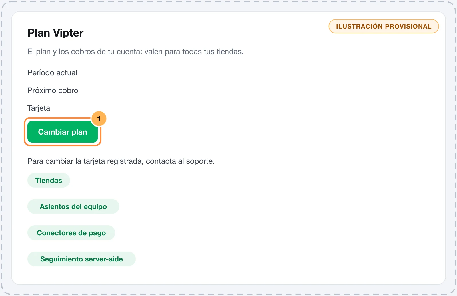 Página Plan Vipter con la tarjeta del plan, el período, la tarjeta de crédito y los límites del plan