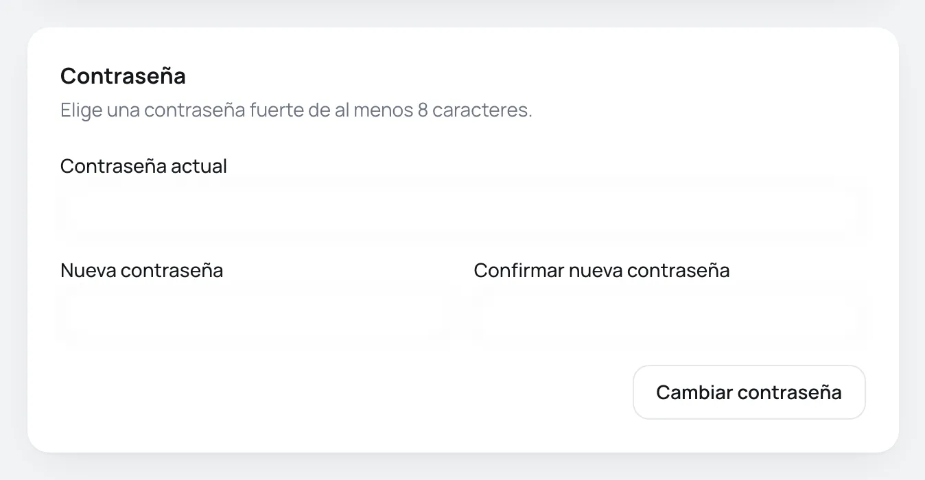 Tarjeta Contraseña con la contraseña actual, la nueva contraseña y la confirmación