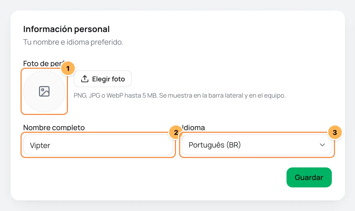 Tarjeta Información personal con la foto, el nombre completo y el idioma numerados