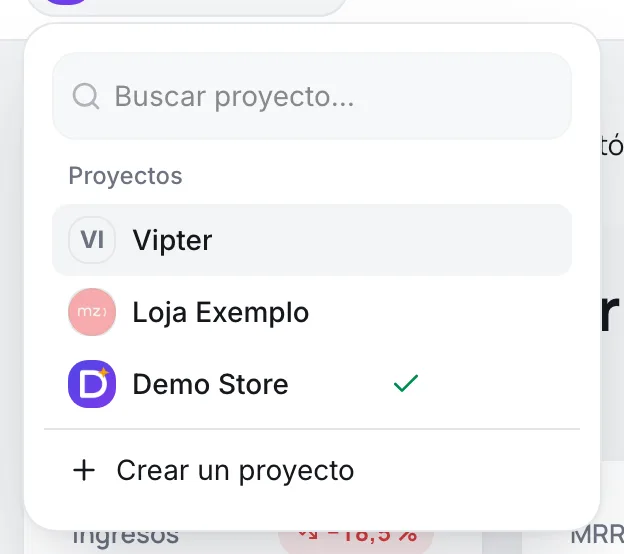 Selector de proyectos abierto con la búsqueda, la lista de tiendas y la opción Crear un proyecto