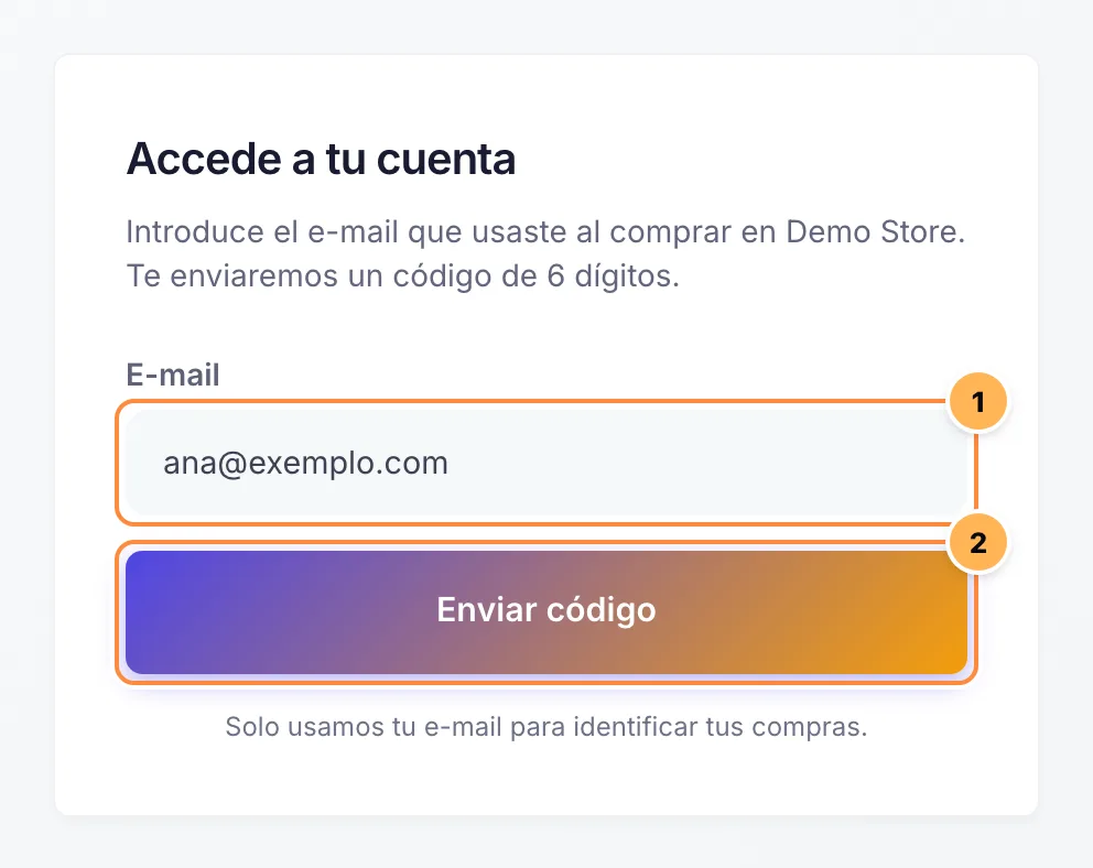 Pantalla Accede a tu cuenta con el campo de correo completado y el botón Enviar código numerados