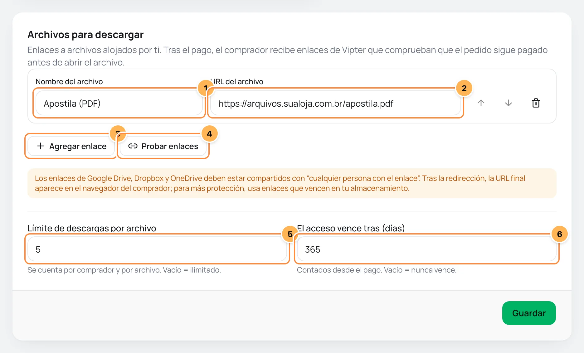 Tarjeta Archivos para descargar con el nombre y la URL de un archivo, los botones Agregar enlace y Probar enlaces, el límite de descargas y la vigencia numerados