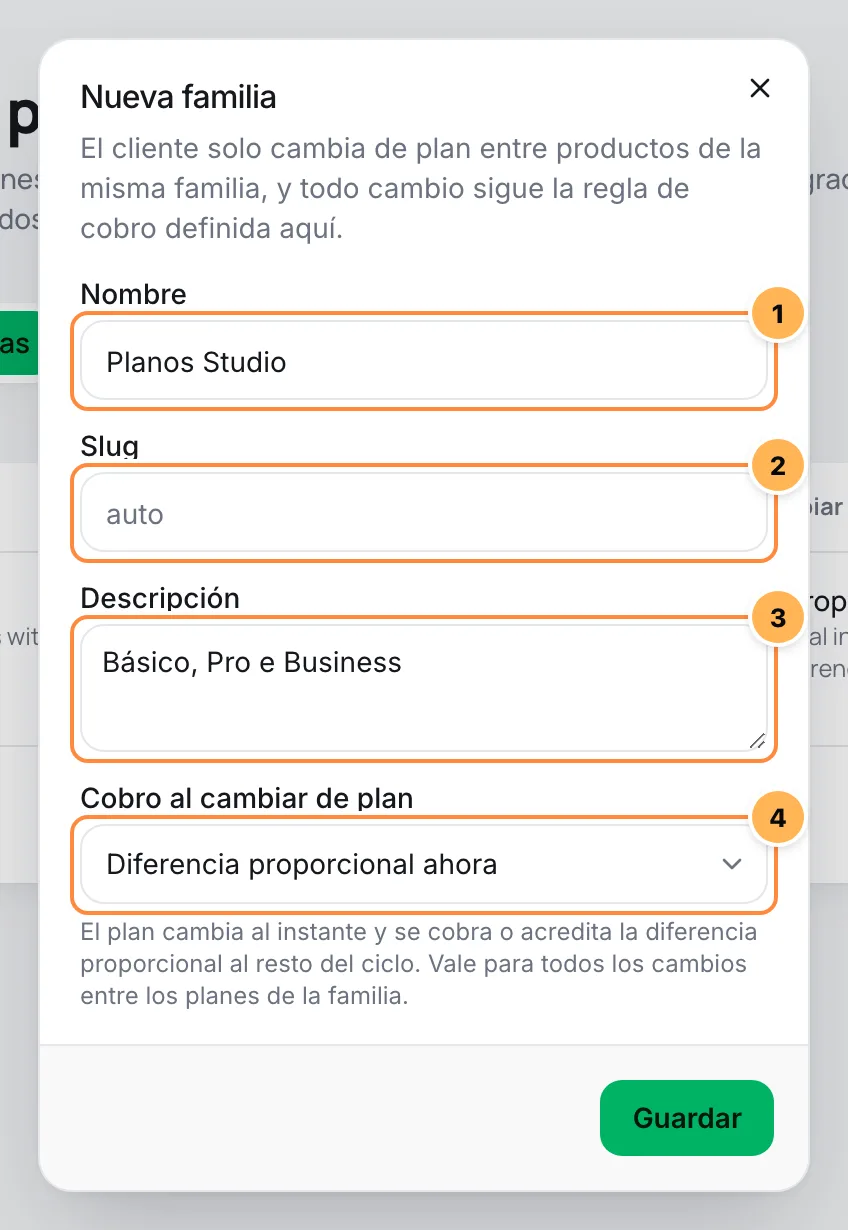 Ventana Nueva familia con nombre, slug, descripción y cobro al cambiar de plan numerados