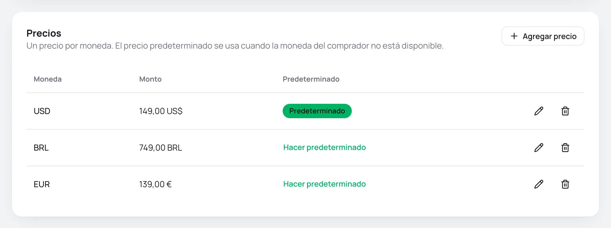 Tarjeta Precios de una oferta con precios en USD, BRL y EUR, con USD marcado como predeterminado