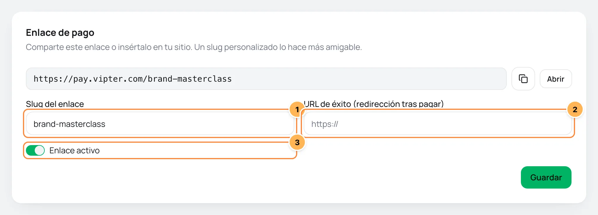Tarjeta Enlace de pago de la oferta con slug, URL de éxito y Enlace activo numerados