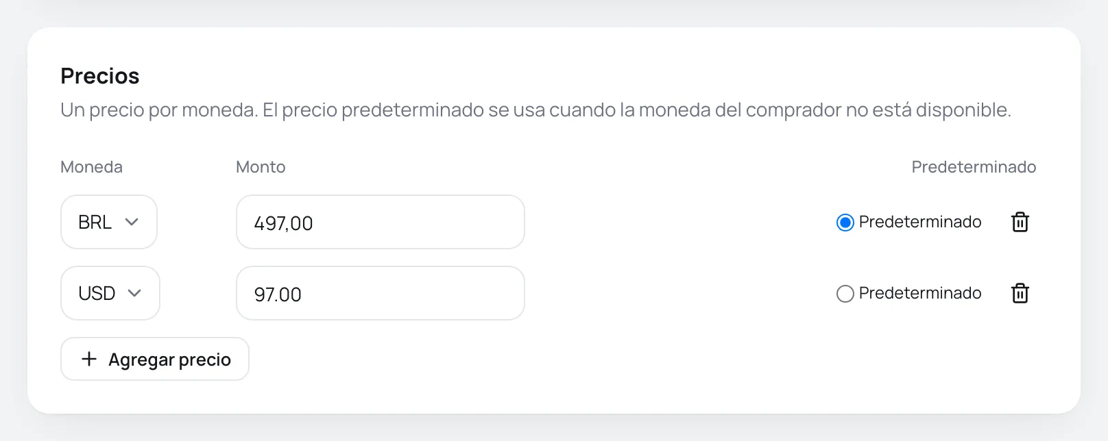 Tarjeta Precios de una nueva oferta con un precio en BRL marcado como predeterminado y otro en USD