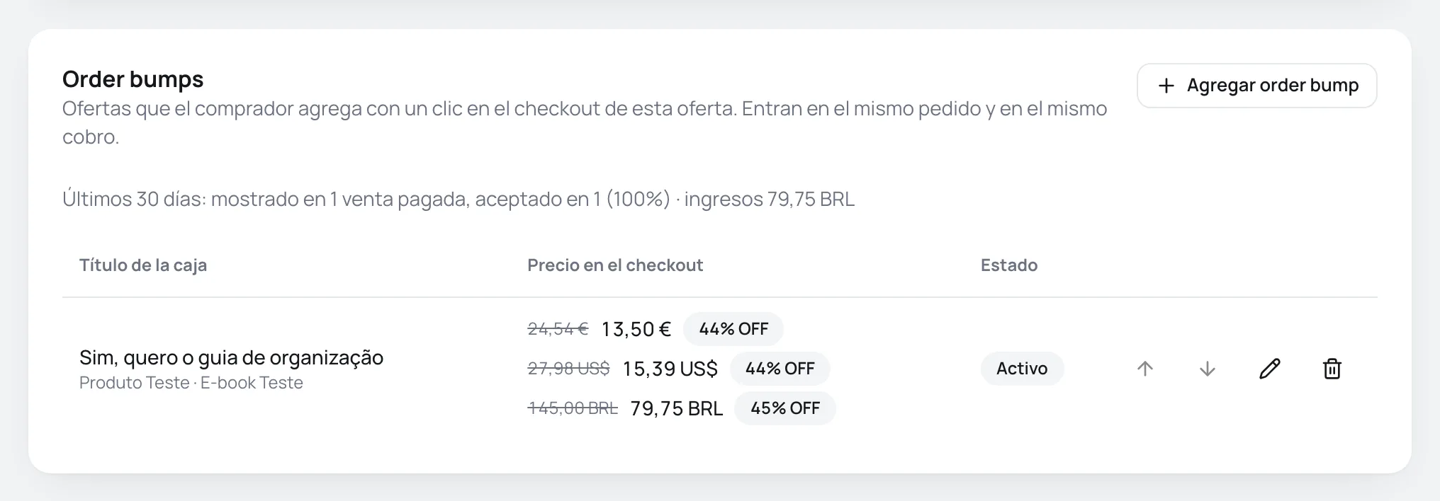 Tarjeta Order bumps con la métrica de los últimos 30 días y un bump activo con el precio en tres monedas