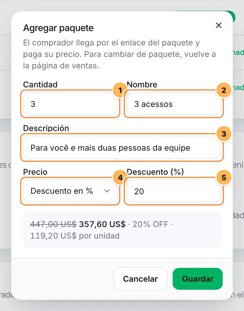 Ventana Agregar paquete con cantidad, nombre, descripción, tipo de precio y descuento numerados y la vista previa del precio