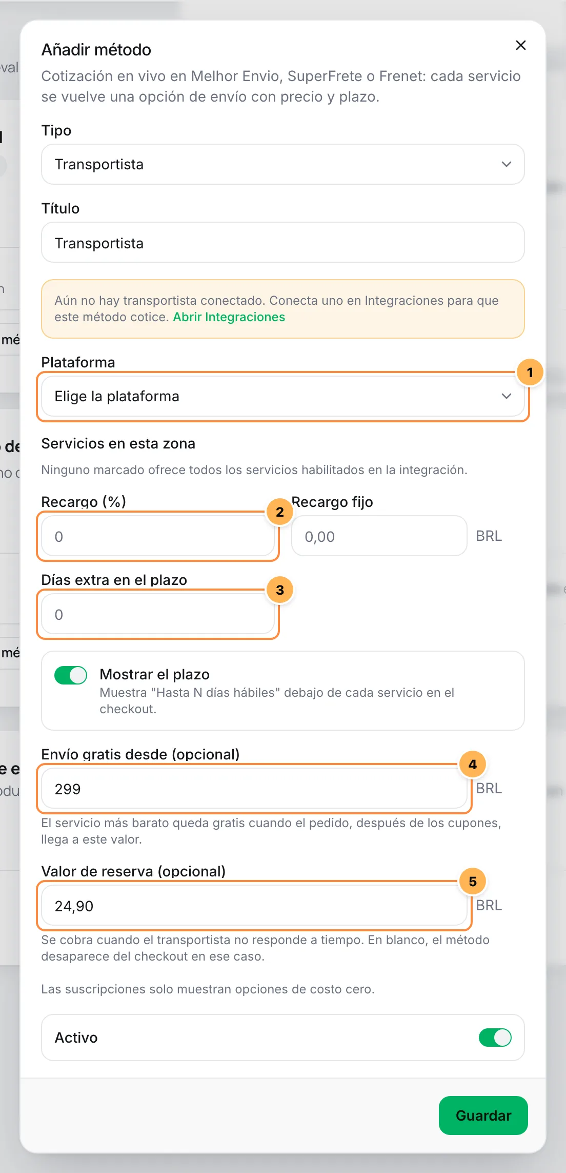 Ventana Agregar método del tipo Transportista con la plataforma, el recargo, los días extra, el envío gratis desde y el valor de reserva numerados