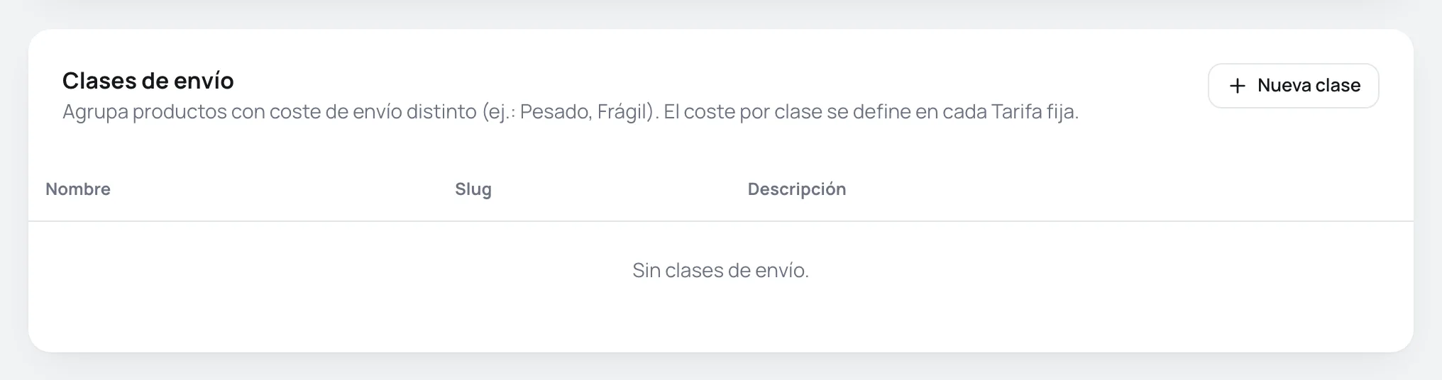 Tarjeta Clases de envío con el botón Nueva clase y la lista vacía