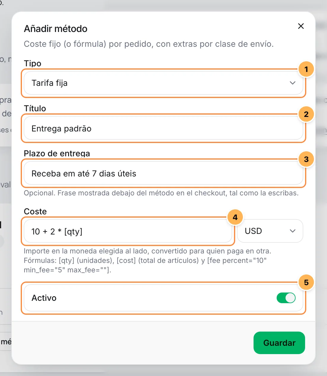 Ventana Añadir método del tipo Tarifa fija con título, plazo de entrega, costo en fórmula y el interruptor Activo numerados