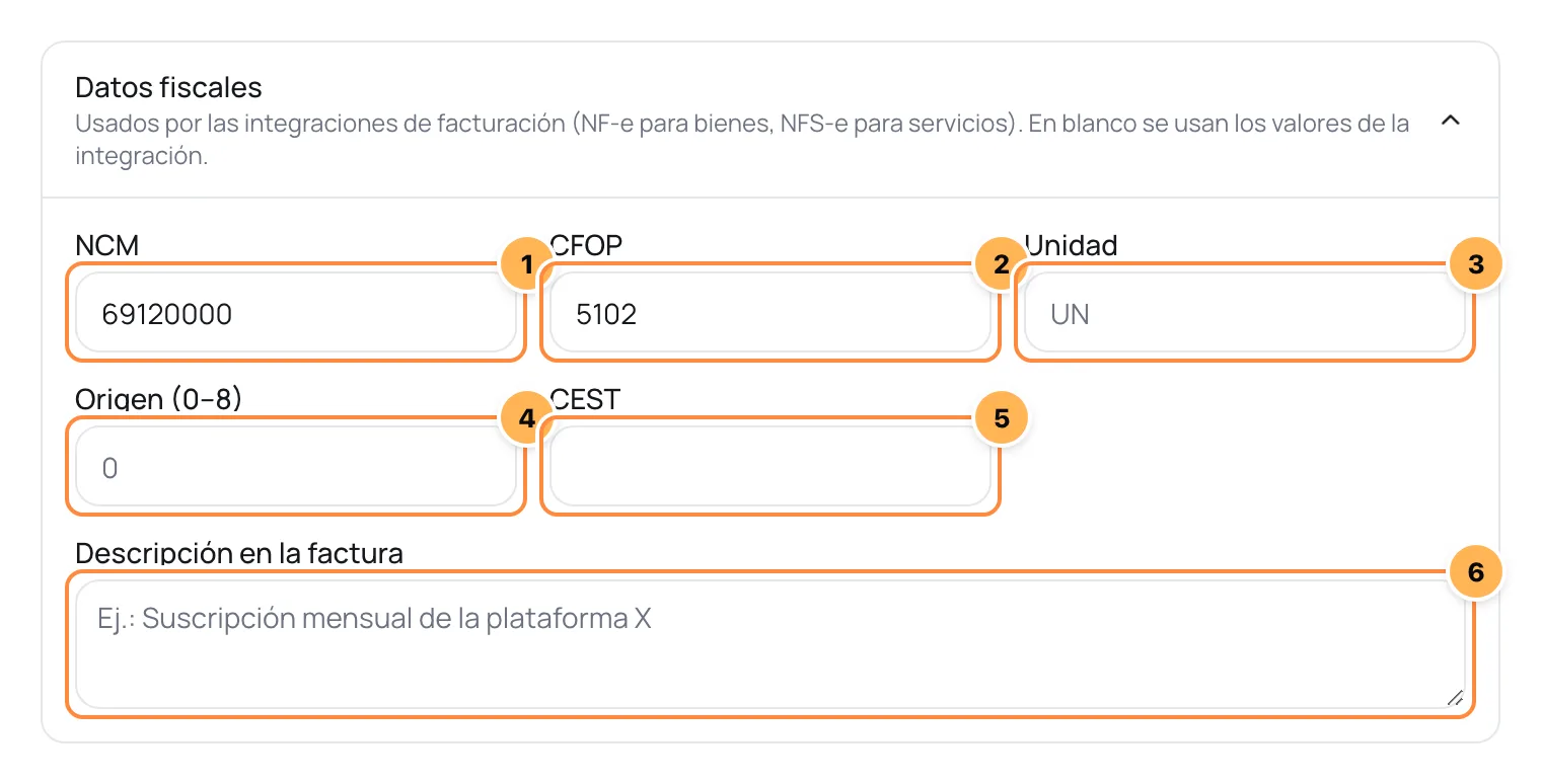 Sección Datos fiscales de un producto físico con NCM, CFOP, unidad, origen, CEST y descripción en la factura numerados
