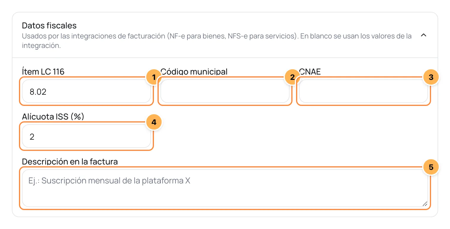 Sección Datos fiscales de un curso con ítem de la LC 116, código municipal, CNAE, alícuota de ISS y descripción en la factura numerados
