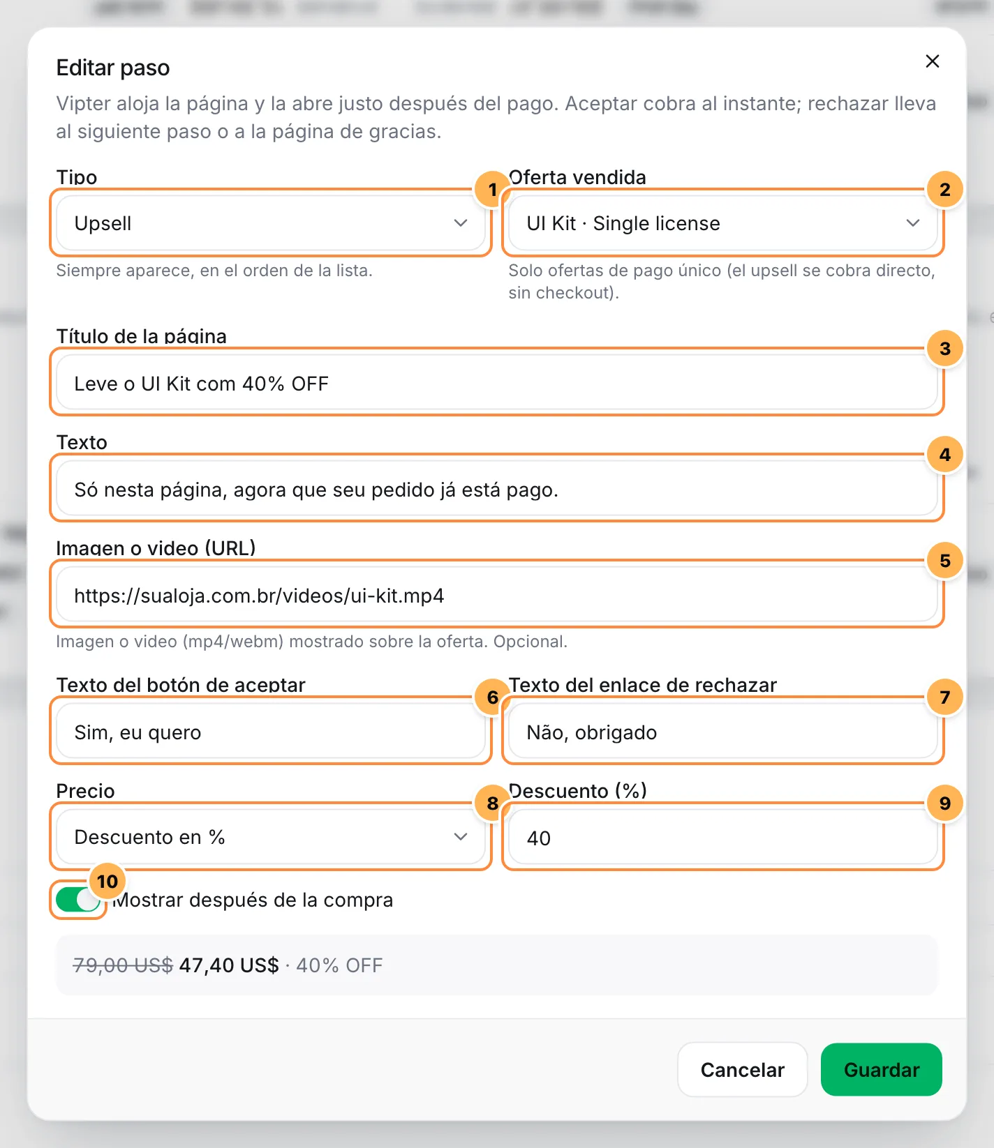 Ventana de paso del embudo con tipo, oferta vendida, título, texto, multimedia, textos de los botones, precio y el interruptor Mostrar después de la compra numerados