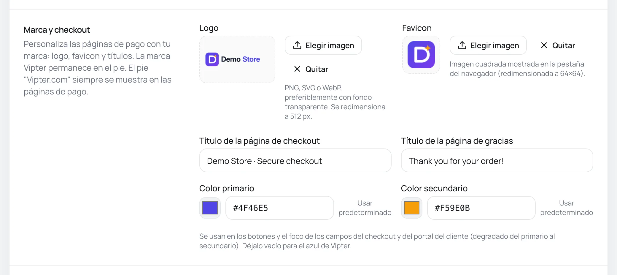 Tarjeta Marca y checkout con logo, favicon, títulos de las páginas de checkout y de agradecimiento y los colores primario y secundario