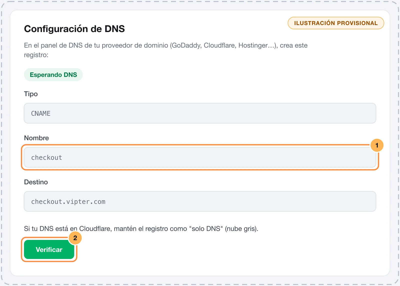 Instrucciones de DNS en Vipter con el registro CNAME y el botón Verificar