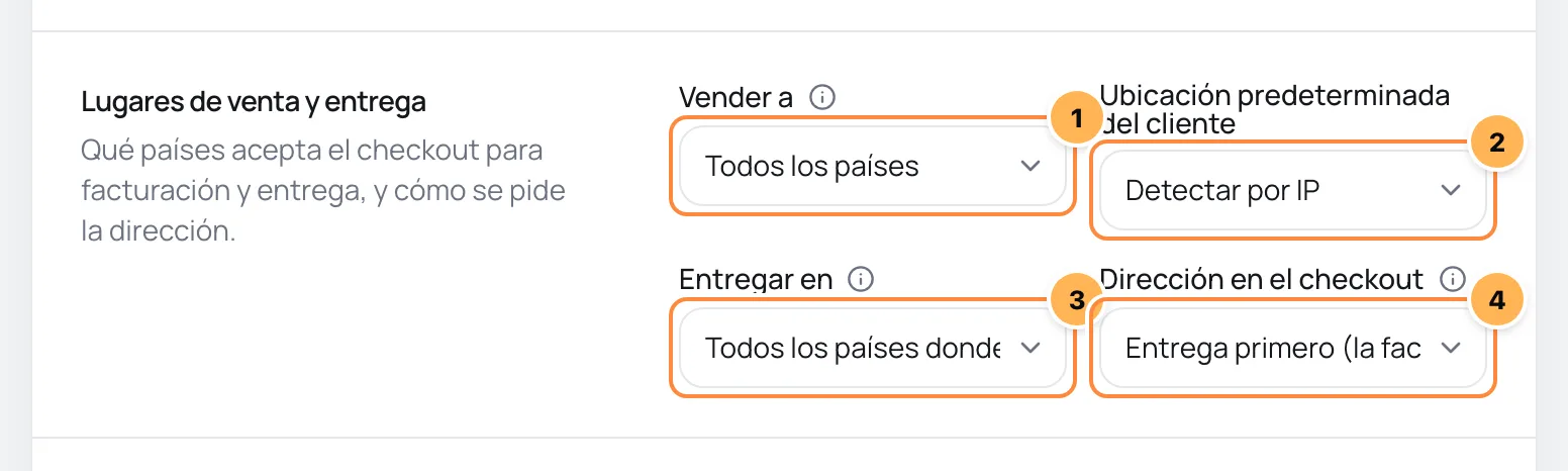 Tarjeta Lugares de venta y entrega con los cuatro selectores numerados