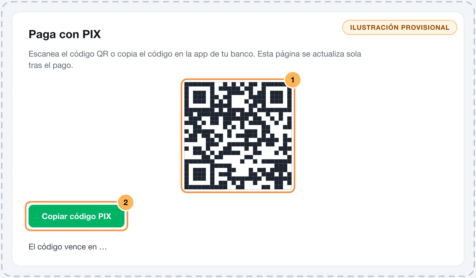 Checkout con el código QR de PIX, el código para copiar y pegar y el tiempo restante