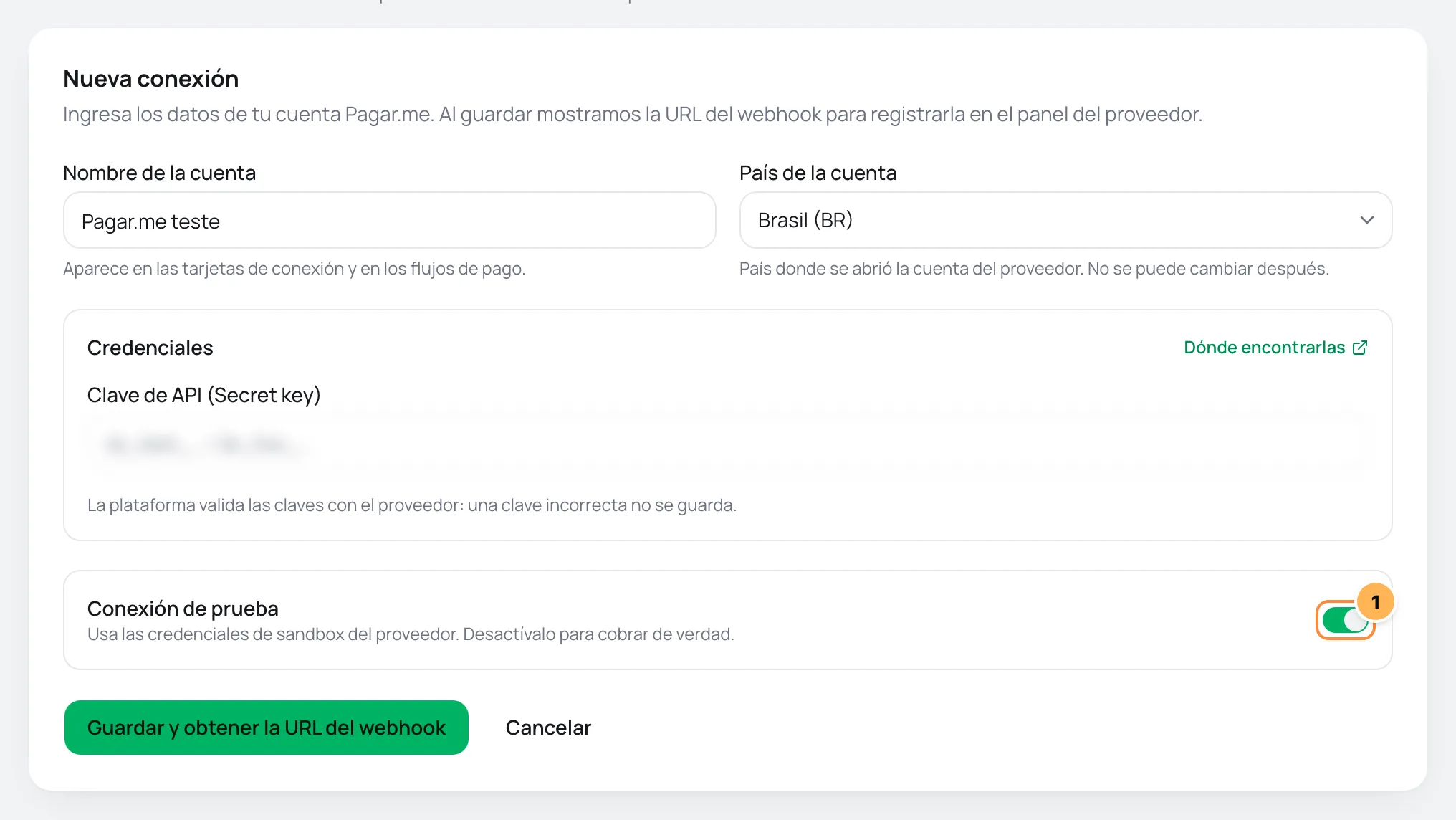 Formulario de nueva conexión de Pagar.me con el interruptor Conexión de prueba activado y destacado