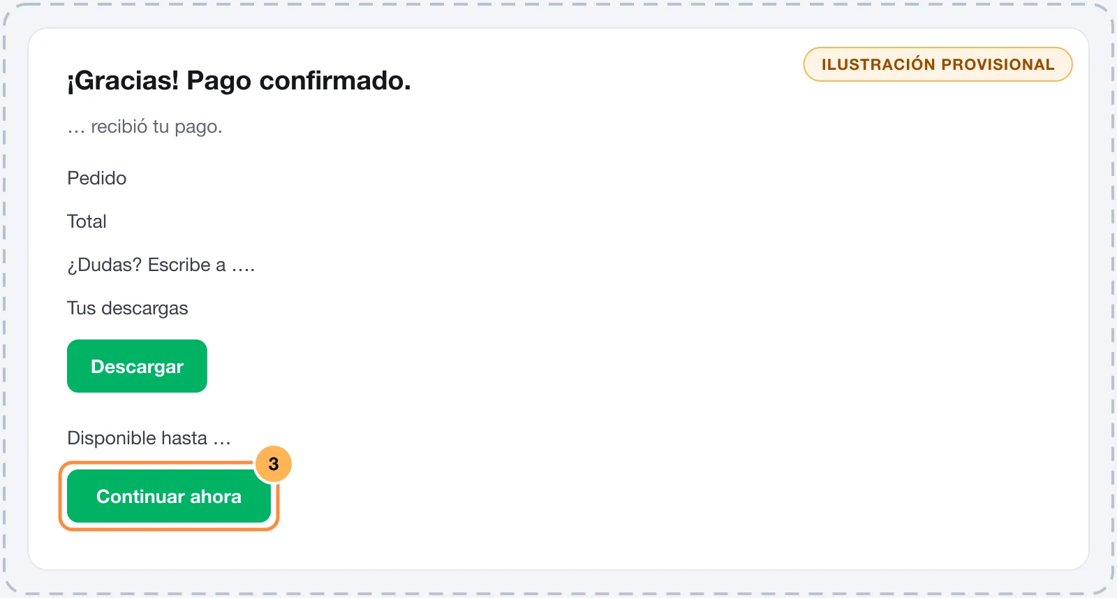 Página de confirmación con la tarjeta Tus descargas y el botón Descargar