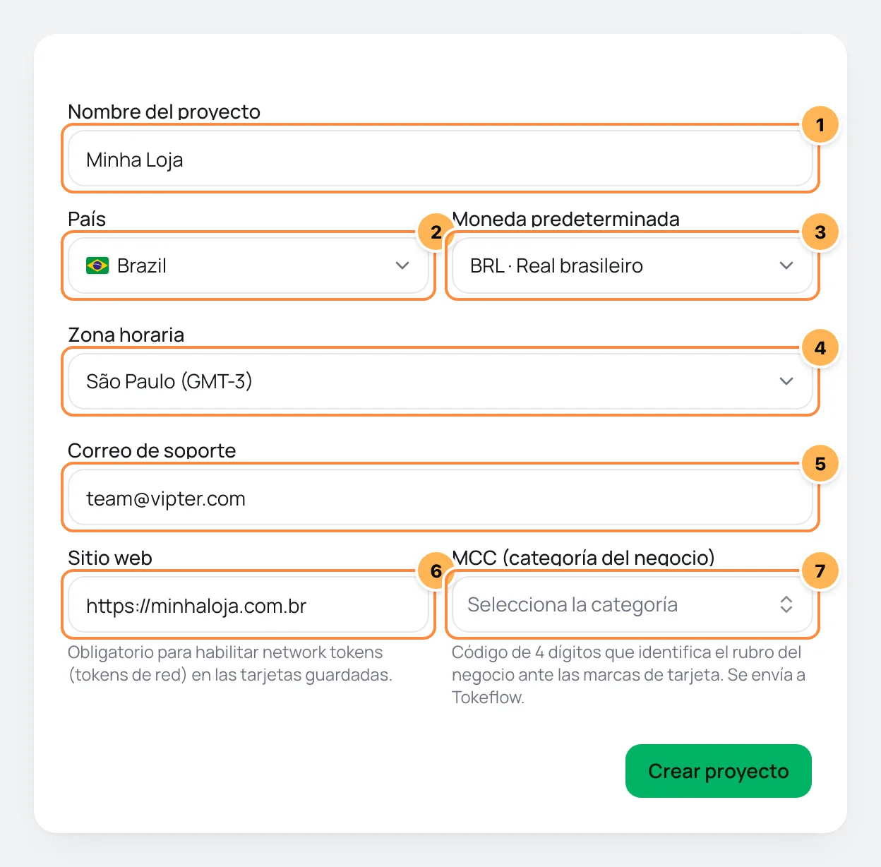 Formulario de creación de proyecto en Vipter con los siete campos numerados