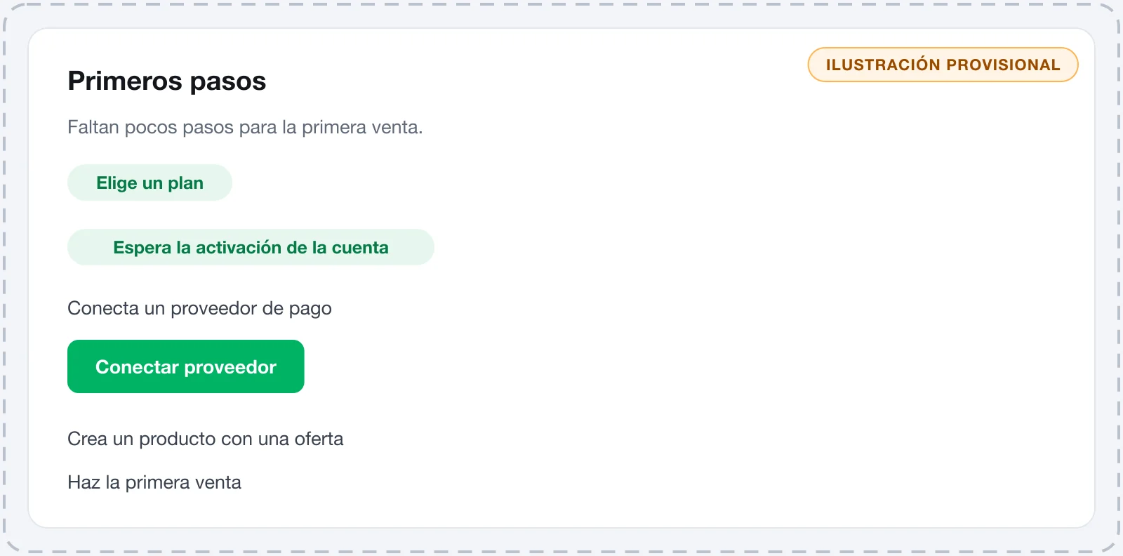 Tarjeta Primeros pasos en el panel de Vipter con cinco pasos y la barra de progreso