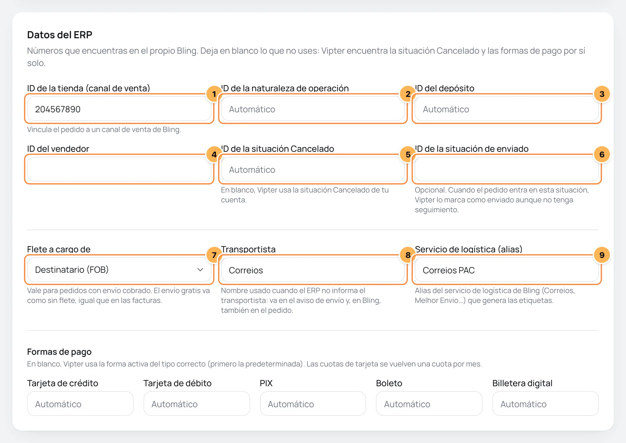 Tarjeta Datos del ERP de Bling con los ID de la tienda, la naturaleza de operación, el depósito, el vendedor y las situaciones, y los campos de envío numerados