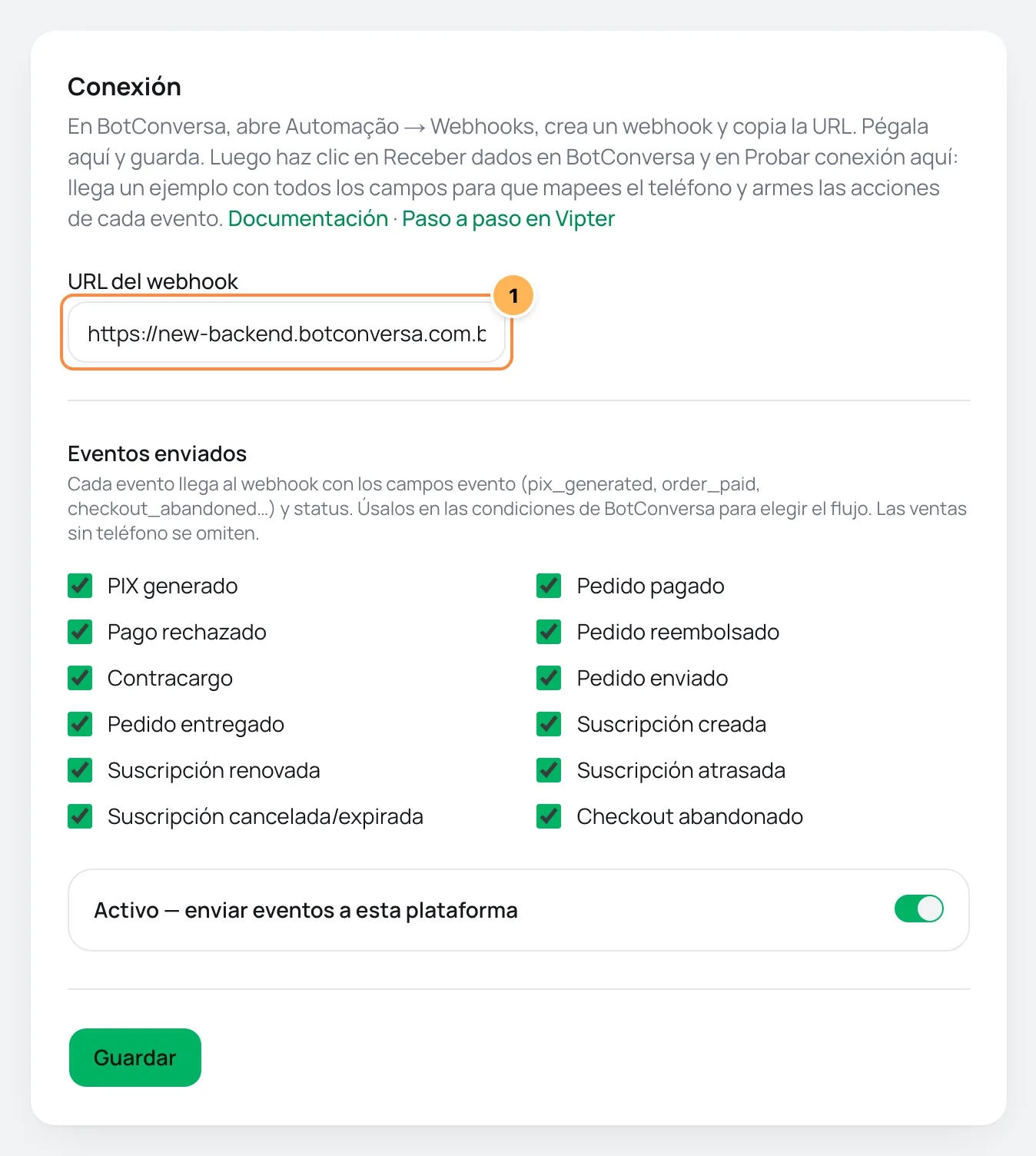 Tarjeta Conexión de BotConversa en Vipter con el campo URL del webhook numerado y la lista de eventos