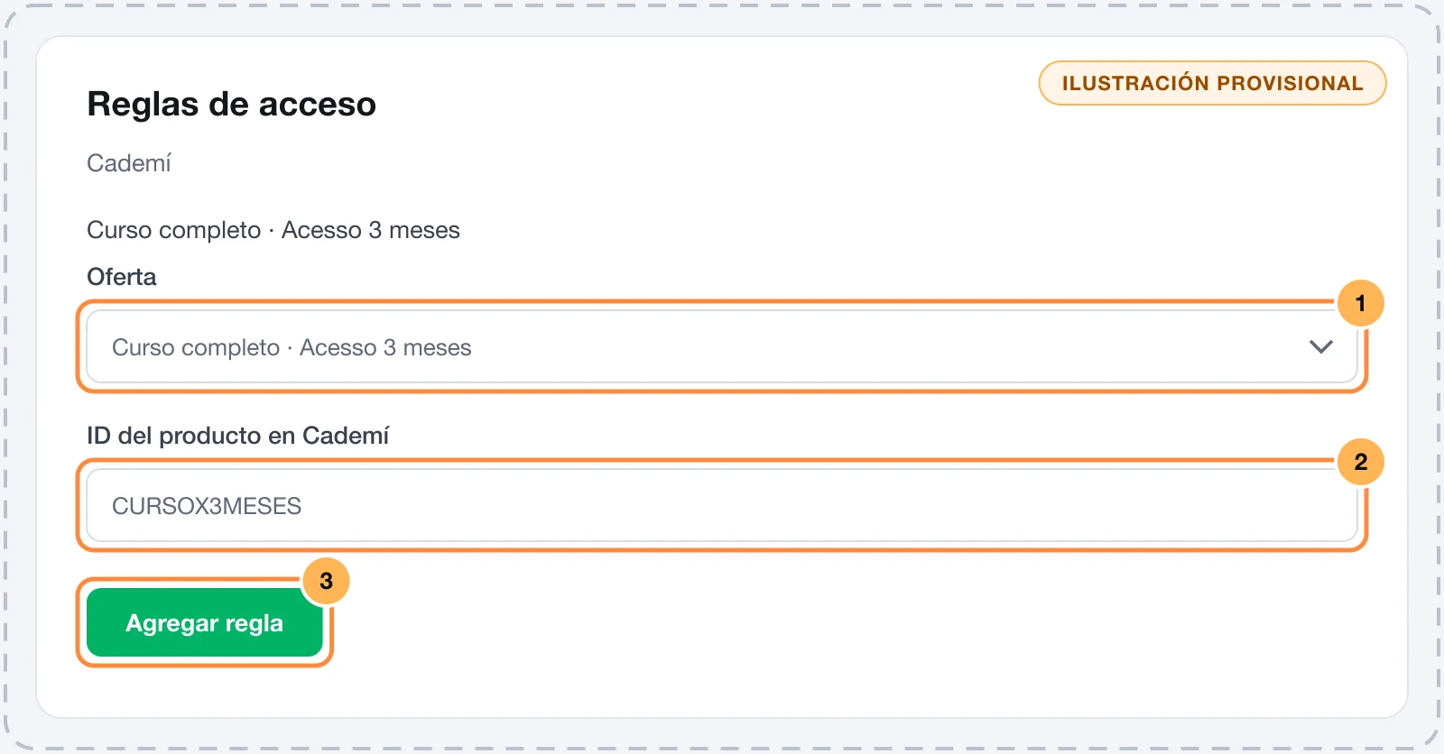 Reglas de acceso de Cademí en Vipter, con la oferta y el ID del producto en Cademí