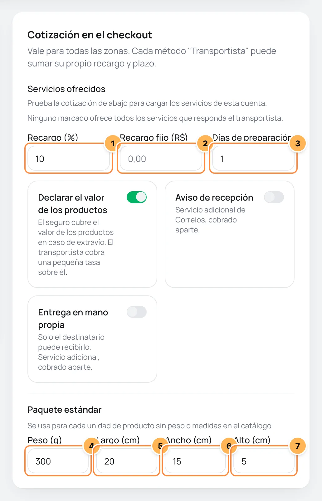 Tarjeta Cotización en el checkout con los recargos, los días de preparación y el paquete estándar numerados