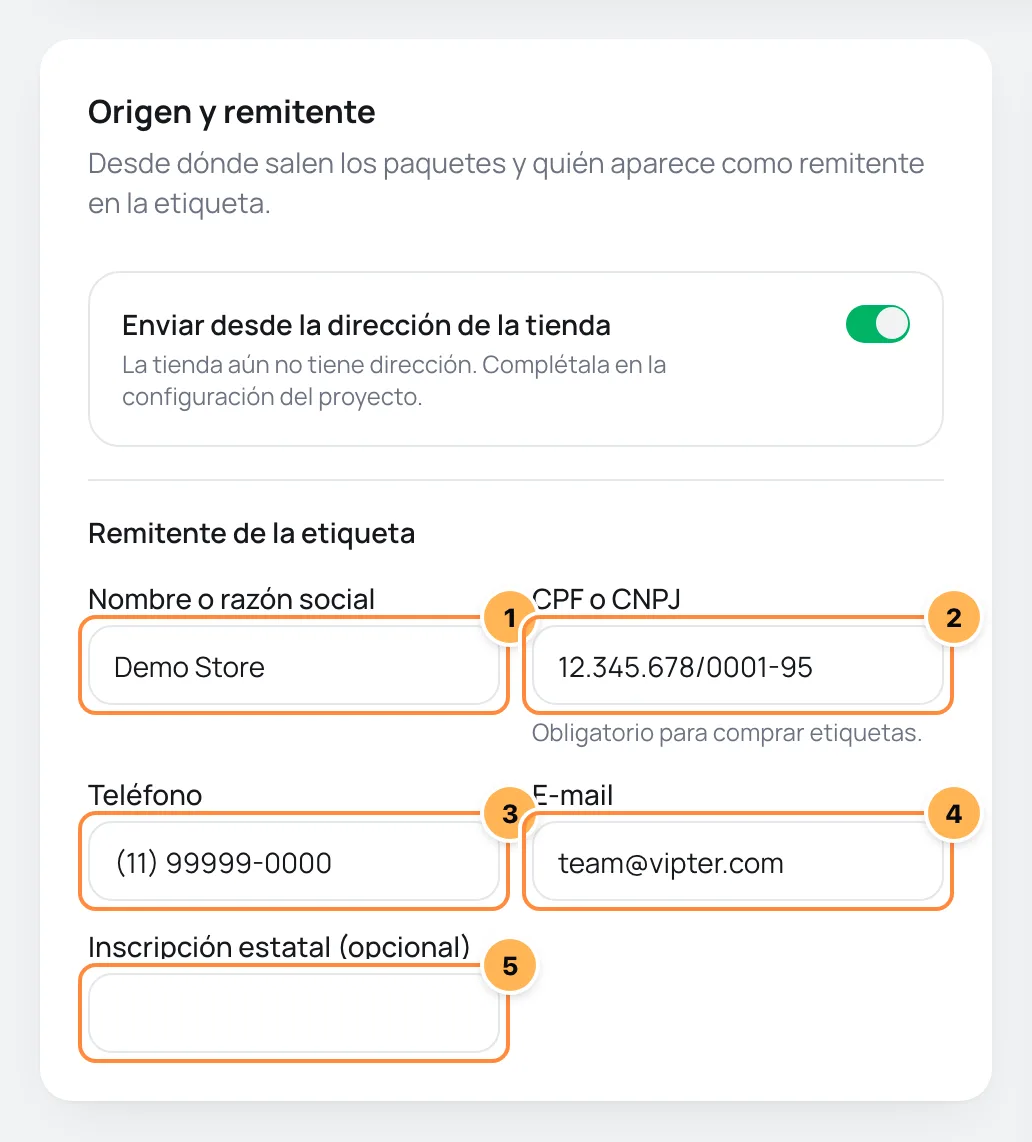 Tarjeta Origen y remitente con el interruptor de la dirección de la tienda y los campos del remitente numerados