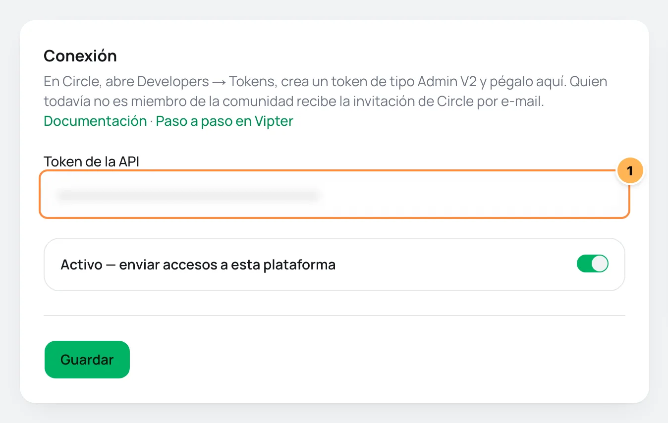 Tarjeta Conexión de Circle en Vipter con el campo del token numerado