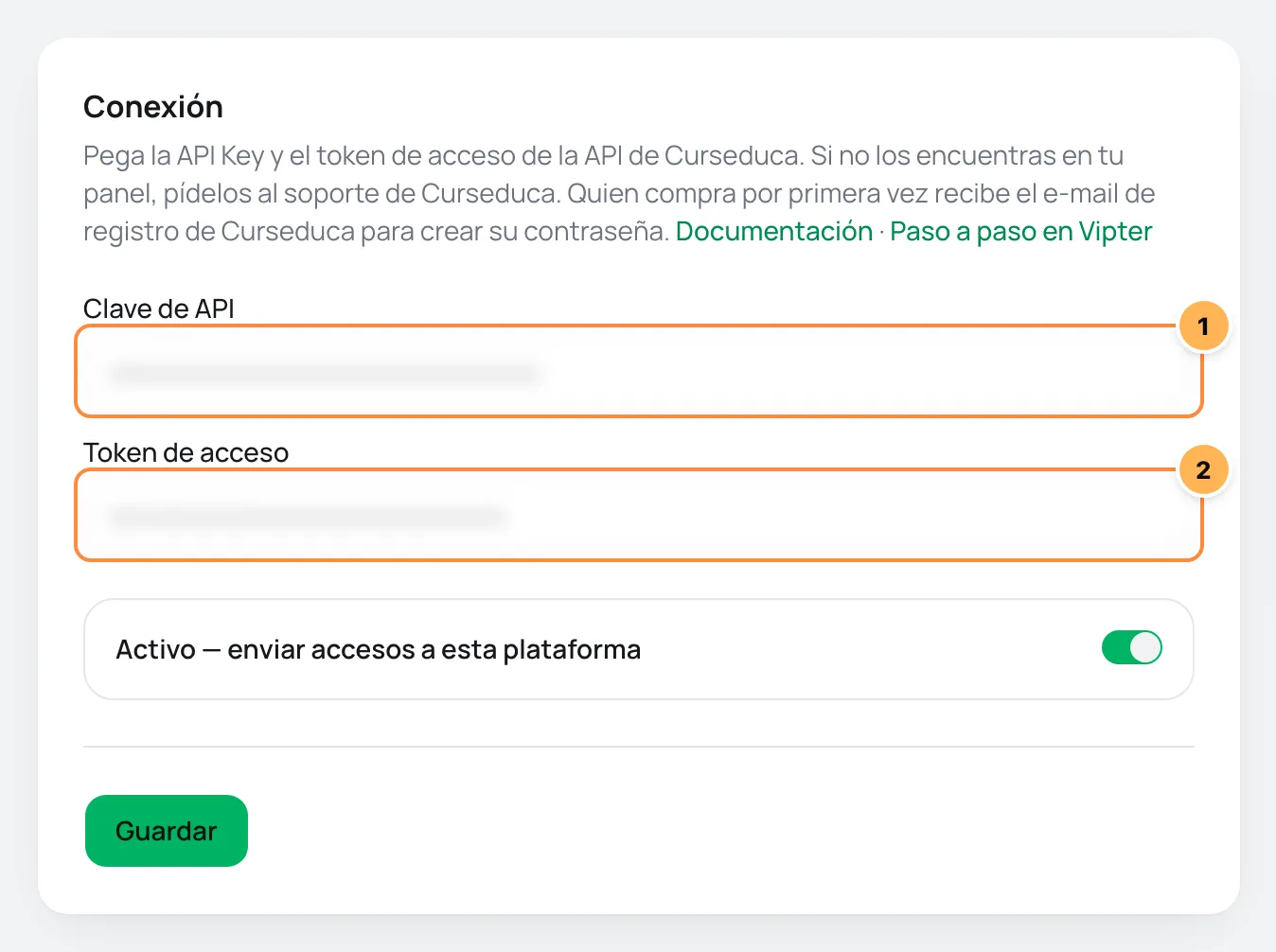Tarjeta Conexión de Curseduca en Vipter con la clave de API y el token de acceso numerados