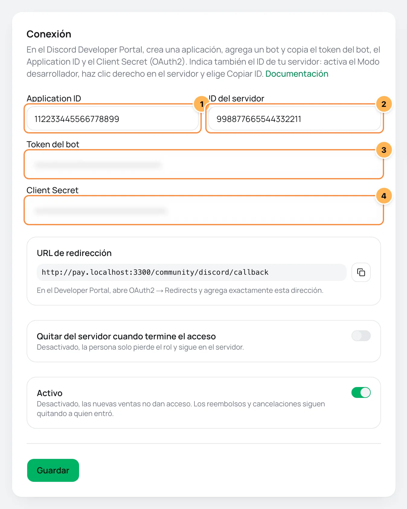 Tarjeta Conexión de Discord en Vipter con el Application ID, el ID del servidor, el token del bot y el Client Secret numerados, y la URL de redirección