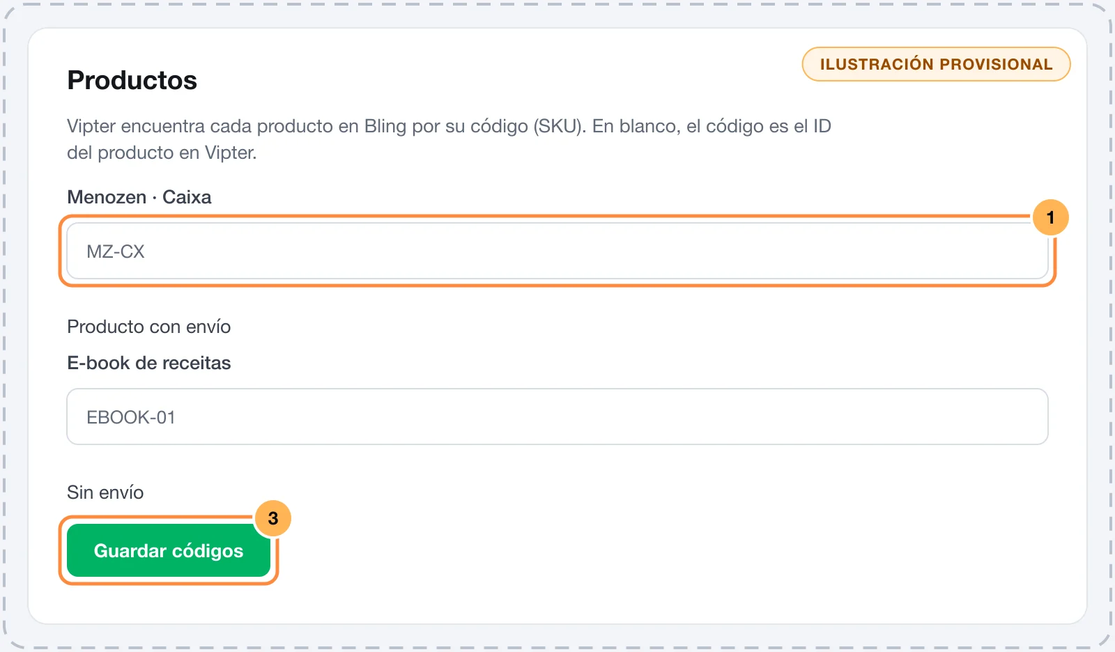 Tarjeta Productos con un producto con envío y el código escrito, un producto vinculado al ID del ERP y el botón Guardar códigos
