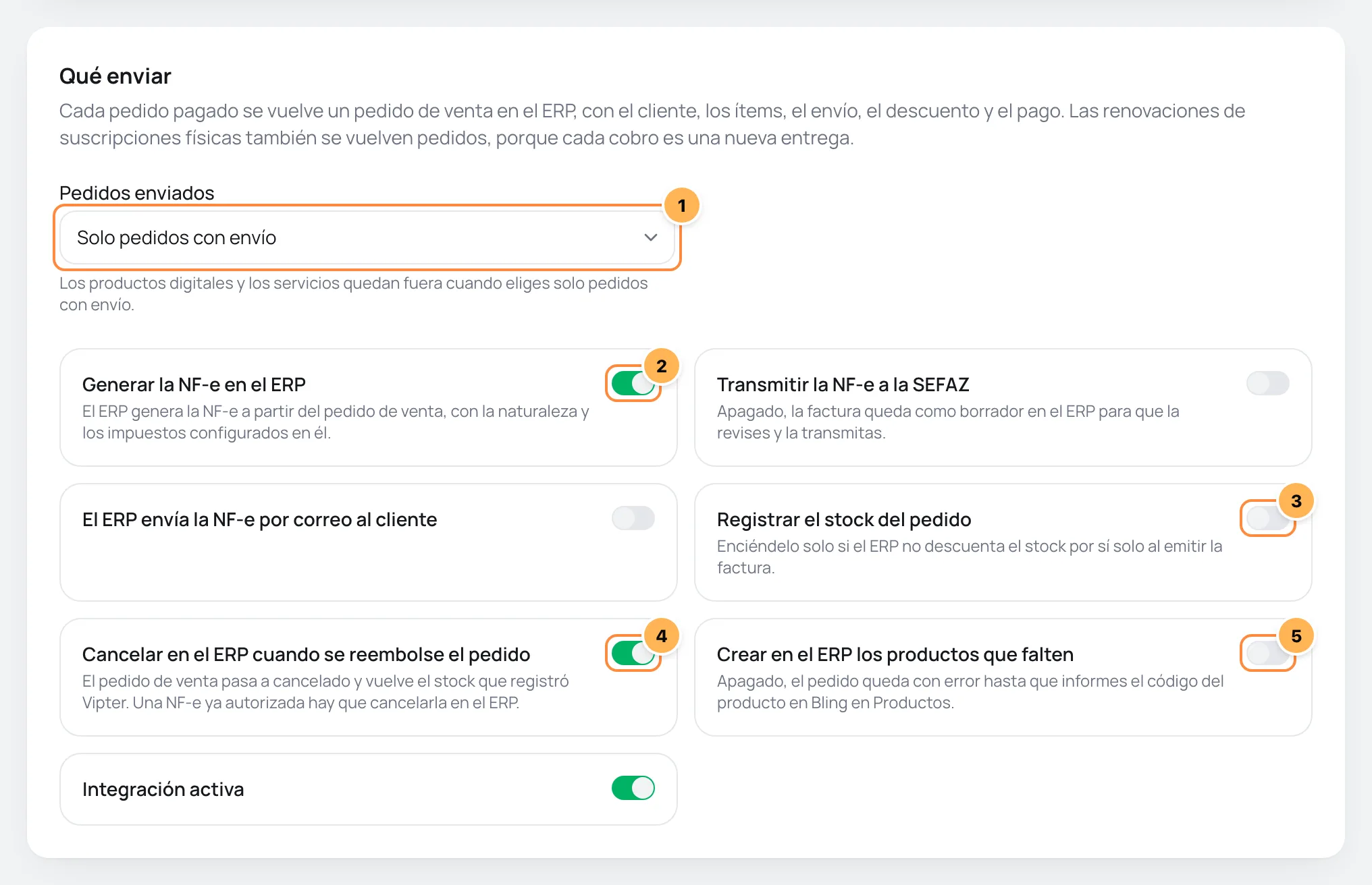 Tarjeta Qué enviar con el campo Pedidos enviados y los interruptores de NF-e, stock, cancelación y creación de productos numerados