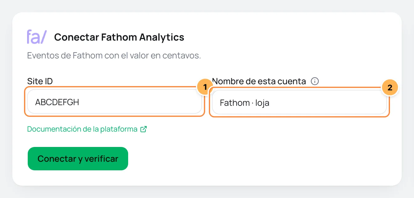 Formulario Conectar Fathom Analytics con Site ID y nombre de la cuenta numerados