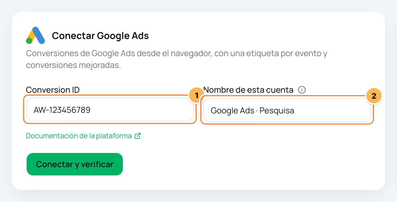 Formulario Conectar Google Ads con Conversion ID y nombre de la cuenta numerados