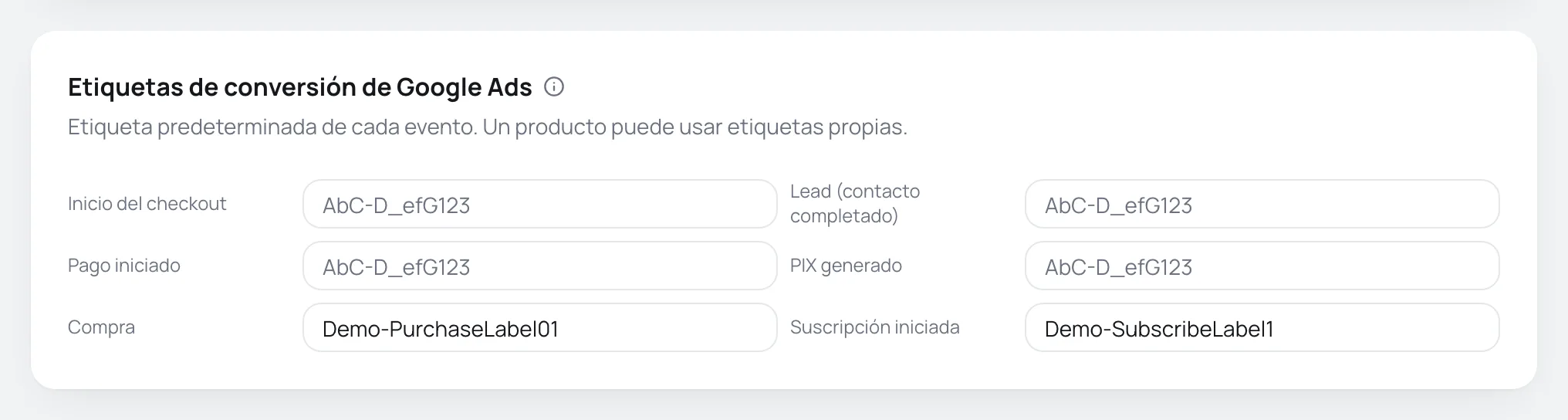 Tarjeta Etiquetas de conversión de Google Ads con un campo de etiqueta para cada evento