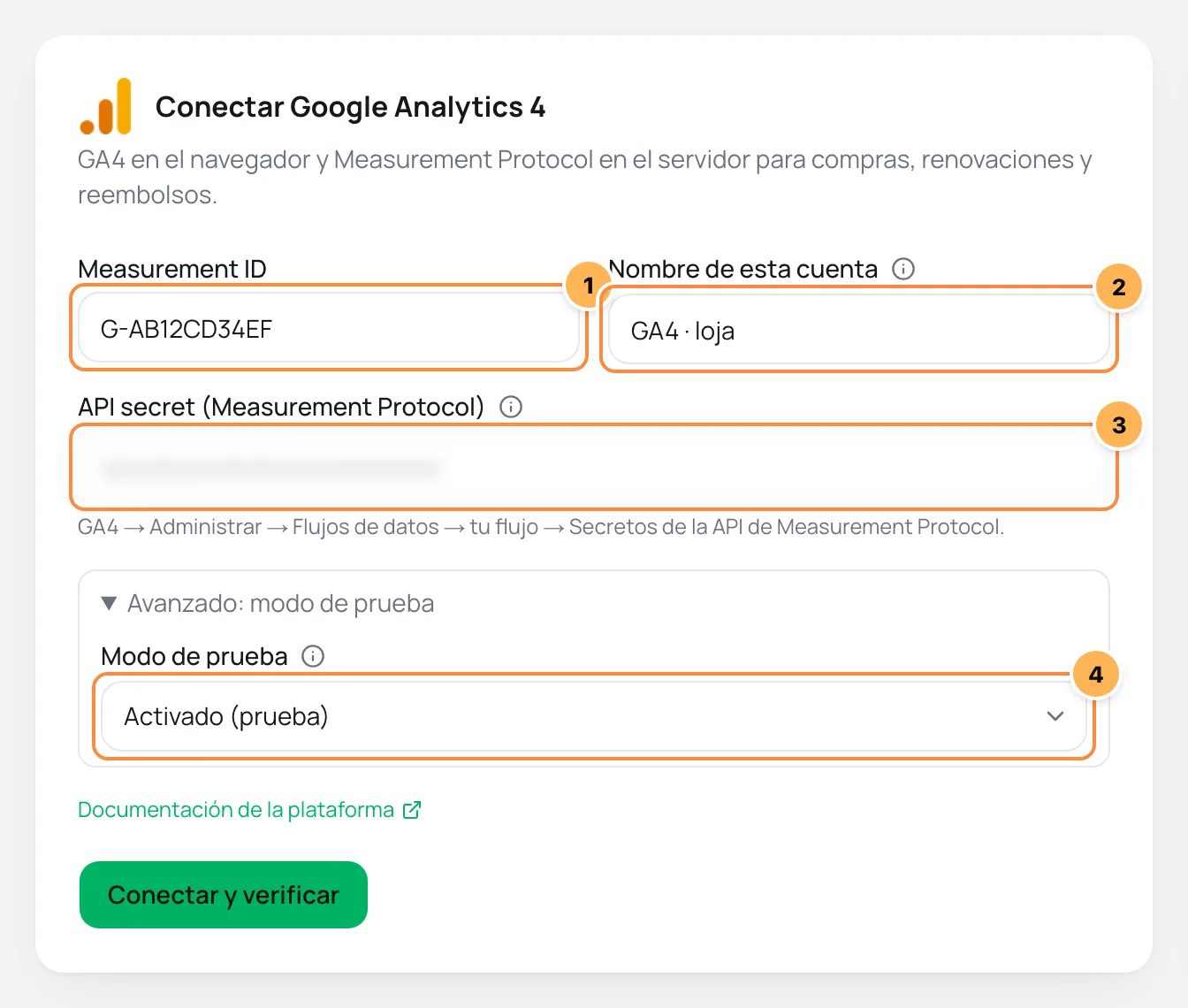 Formulario Conectar Google Analytics 4 con Measurement ID, nombre de la cuenta, API secret y modo de prueba numerados