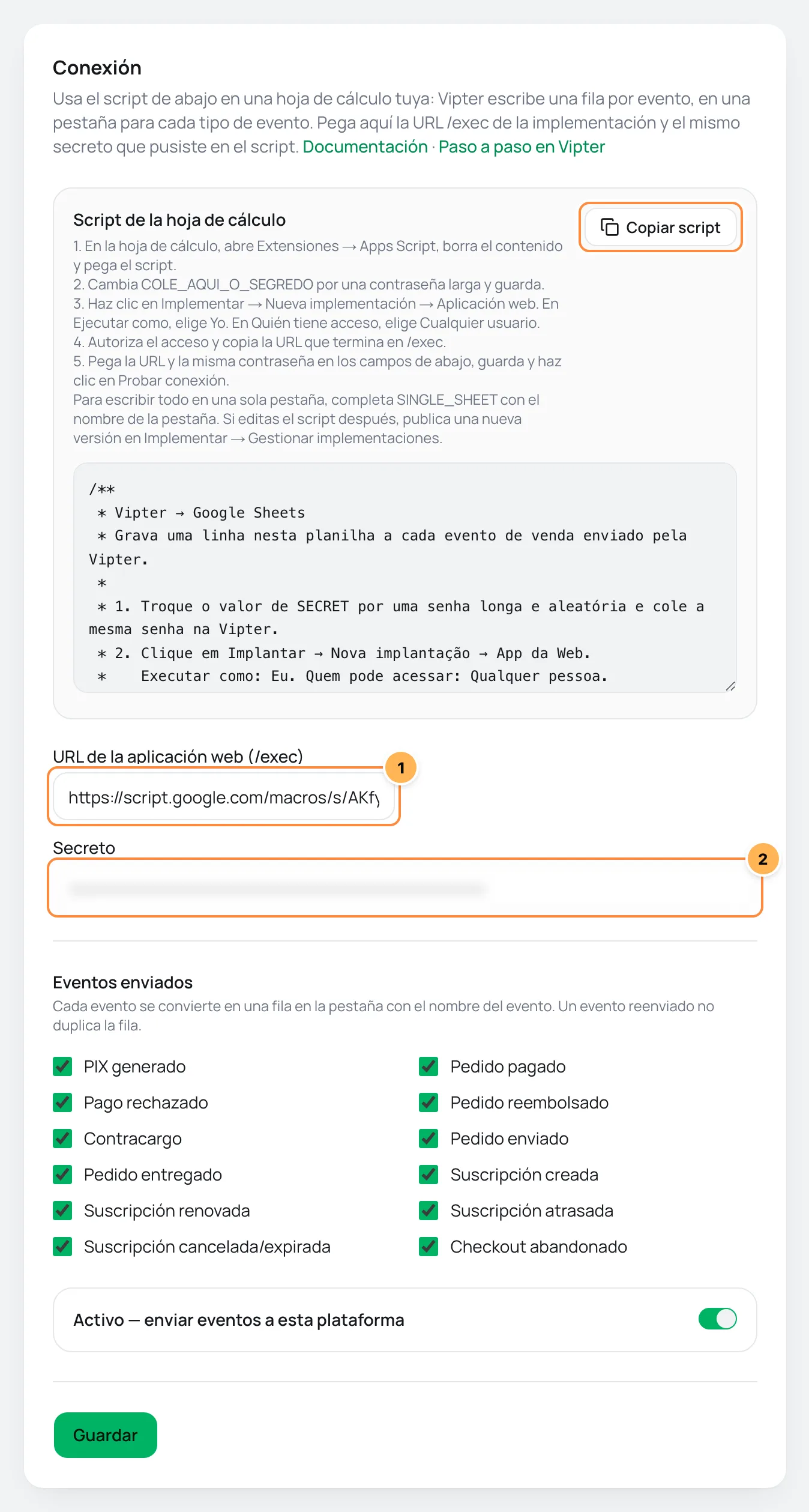 Página de Google Sheets en Vipter con el script de la hoja de cálculo, el botón Copiar script y los campos de la conexión numerados