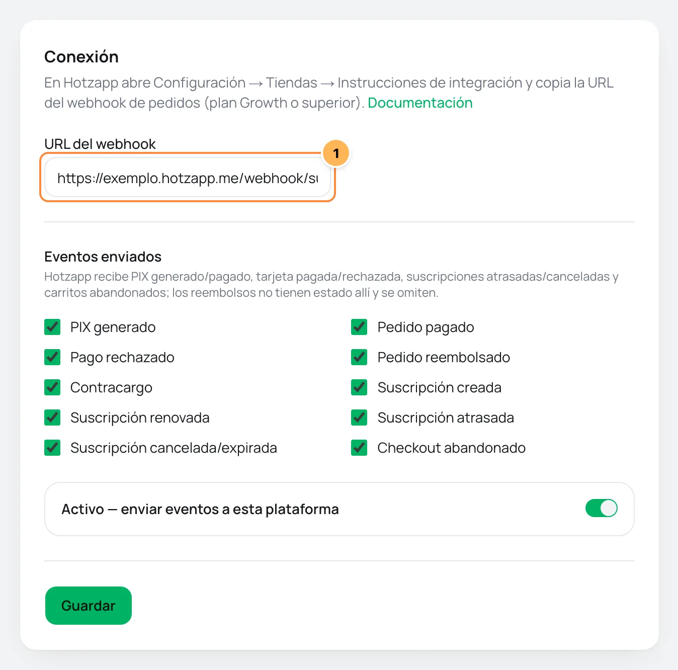 Tarjeta Conexión de Hotzapp en Vipter con el campo URL del webhook numerado y la lista de eventos