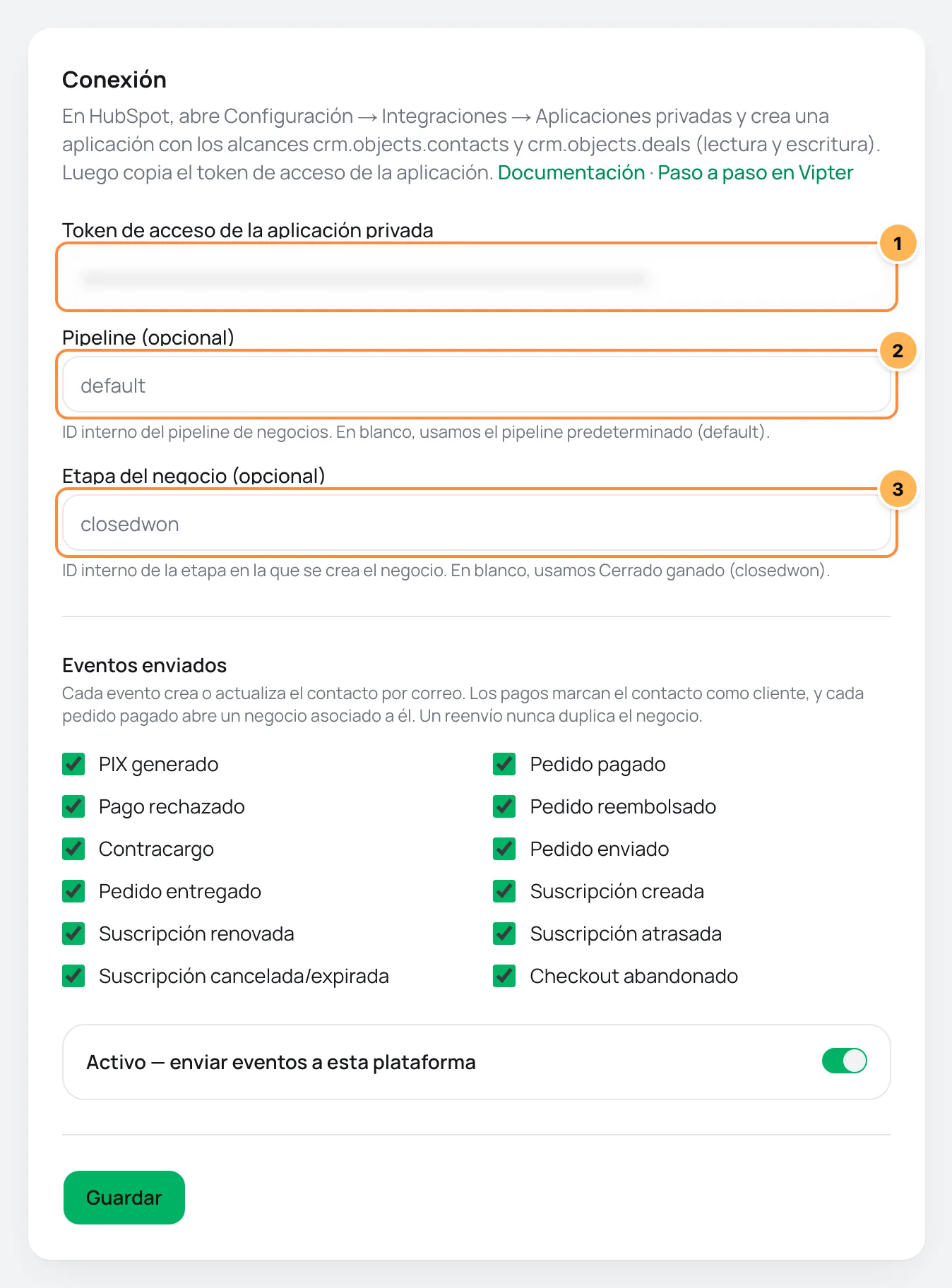 Tarjeta Conexión de HubSpot en Vipter con el token, el pipeline y la etapa del negocio numerados