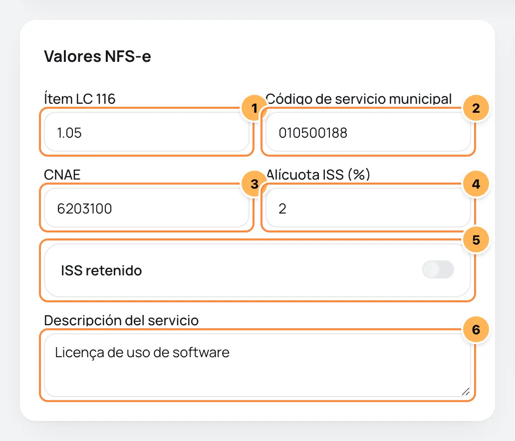 Tarjeta Valores NFS-e con ítem LC 116, código municipal, CNAE, alícuota, ISS retenido y descripción numerados