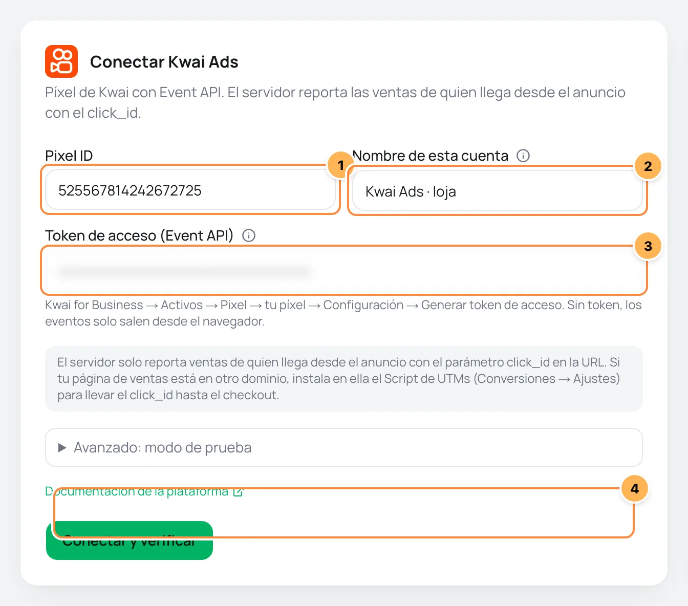 Formulario Conectar Kwai Ads con Pixel ID, nombre de la cuenta, token de la Event API y modo de prueba numerados y el aviso sobre el parámetro click_id