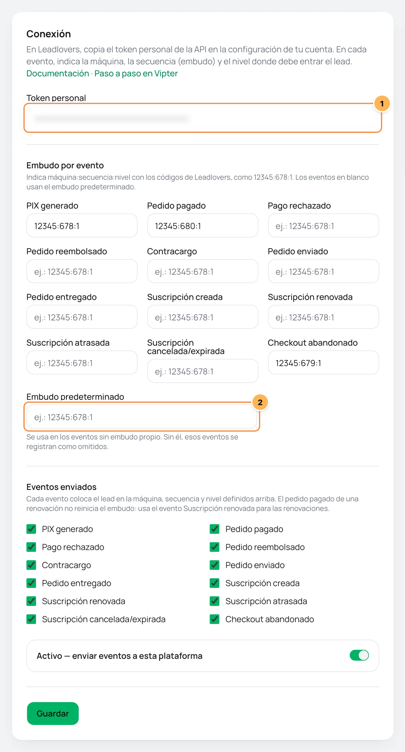 Tarjeta Conexión de Leadlovers en Vipter con el token, el embudo por evento y el embudo predeterminado