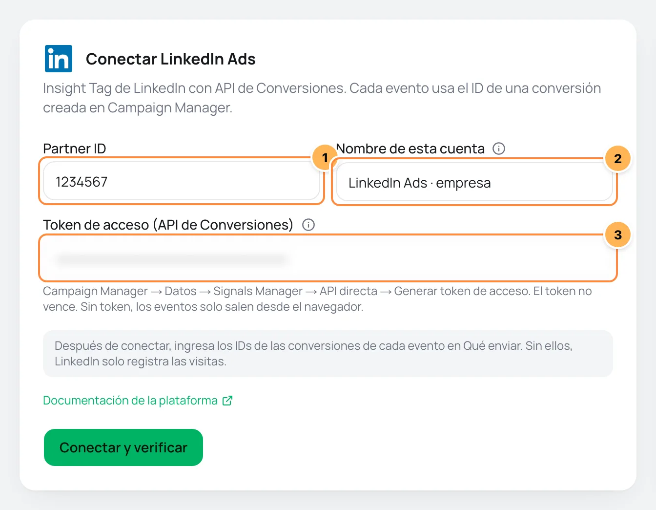 Formulario Conectar LinkedIn Ads con Partner ID, nombre de la cuenta y token de acceso numerados y el aviso sobre los IDs de las conversiones