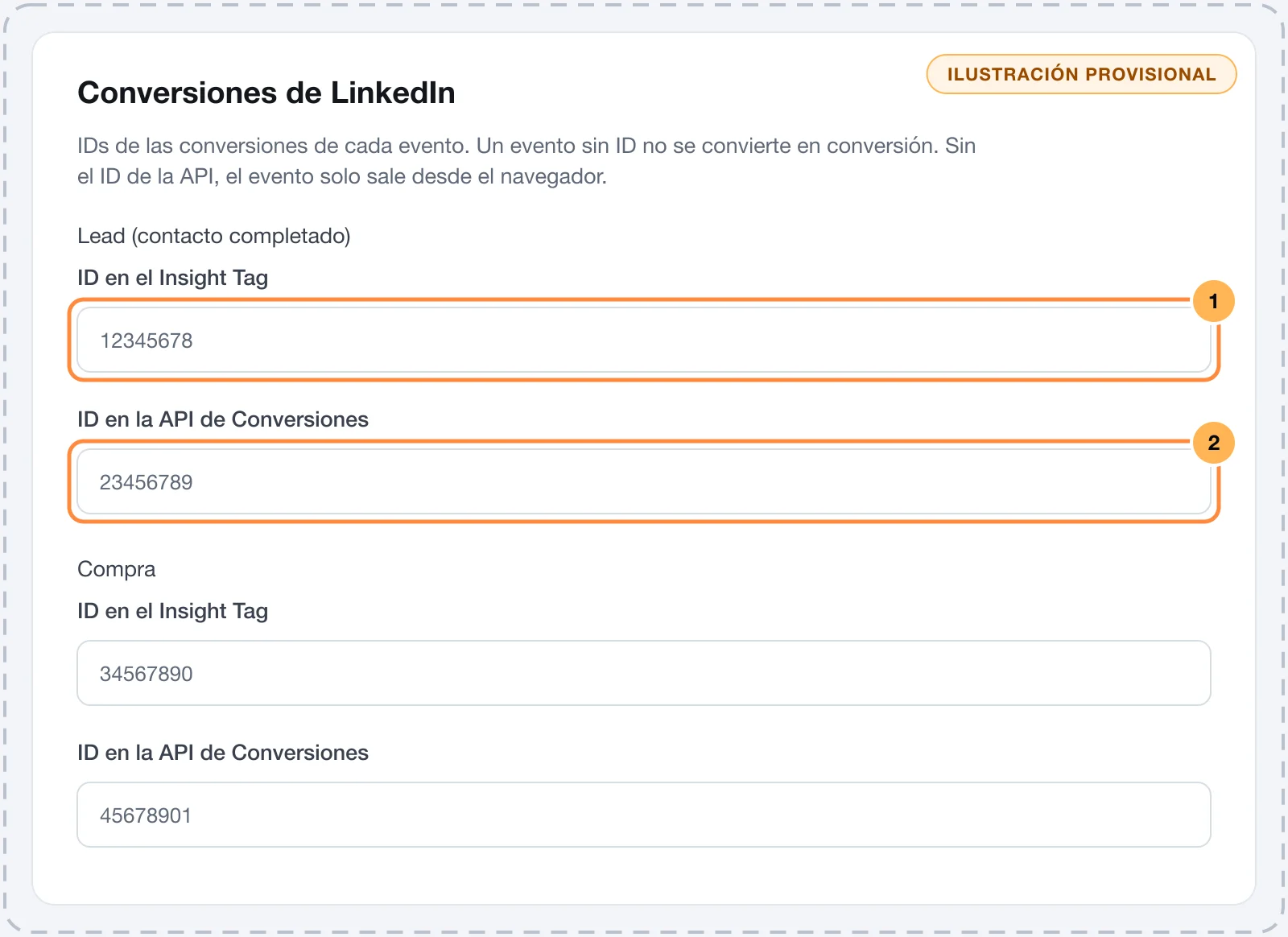 Tarjeta Conversiones de LinkedIn con los campos ID en el Insight Tag e ID en la API de Conversiones de cada evento