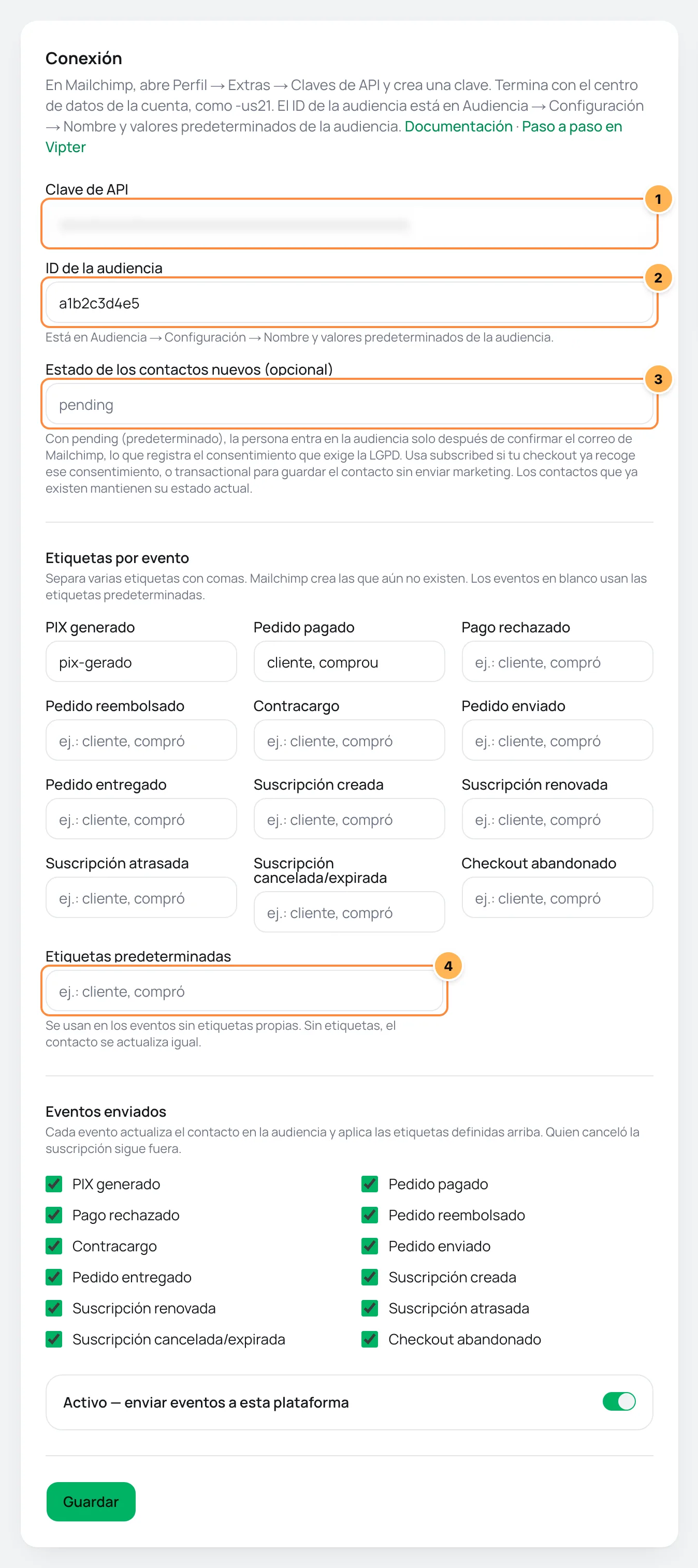 Tarjeta Conexión de Mailchimp en Vipter con la clave, el ID de la audiencia, el estado de los contactos nuevos, las etiquetas por evento y las etiquetas predeterminadas